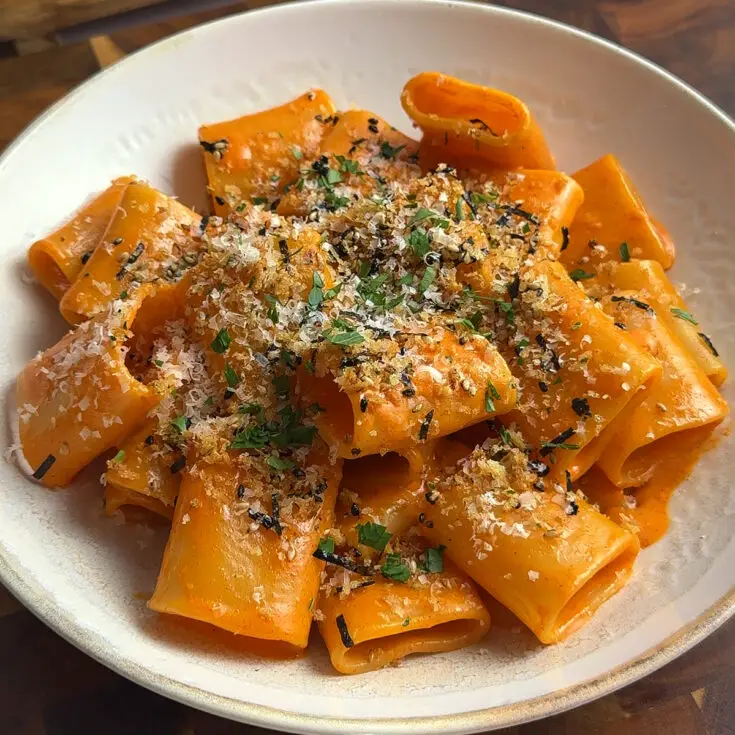 Gochujang Pasta with Furikake Breadcrumbs